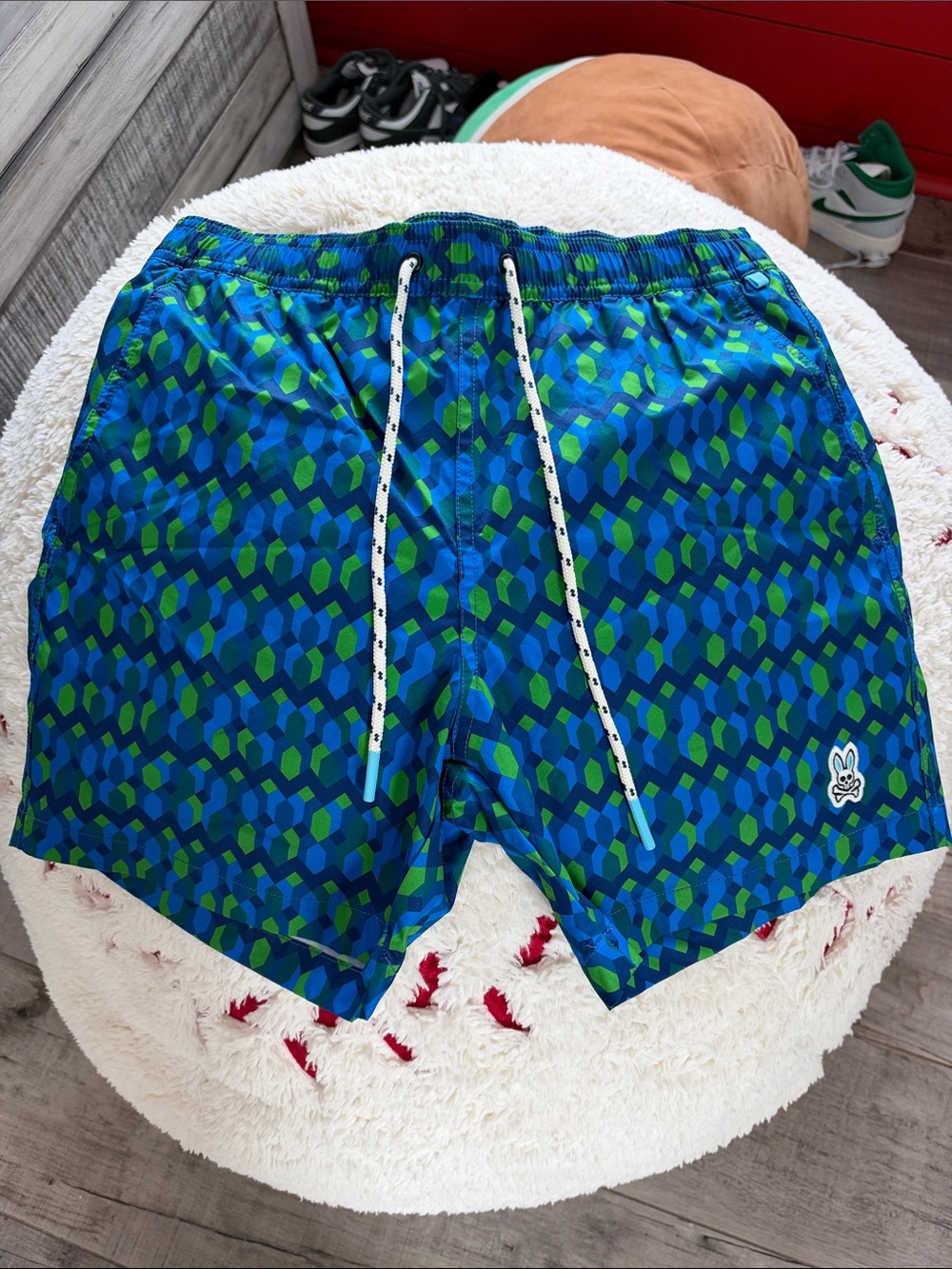 Psycho Bunny Blue Green Geometric Swim Trunks